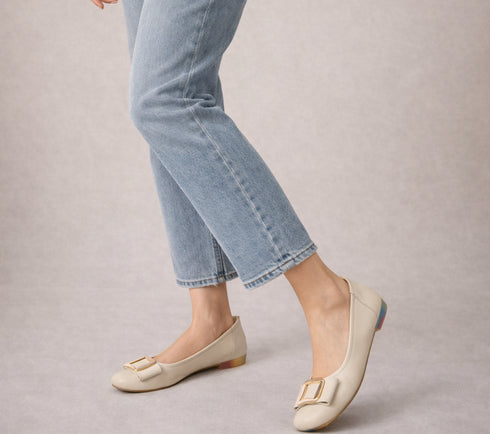 Balerini casual, dama, PASS COLLECTION, M480009B crem, piele naturala, toc