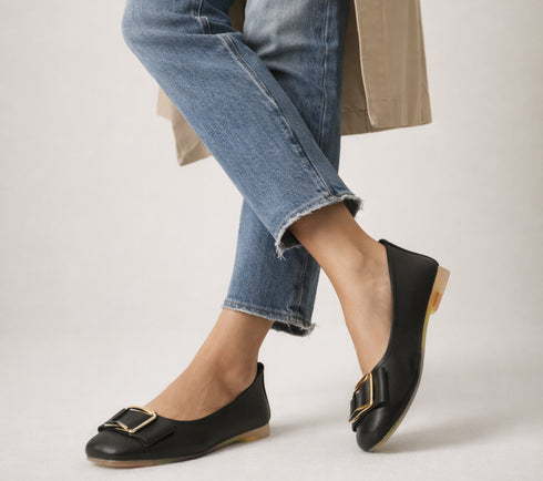 Balerini casual, dama, PASS COLLECTION, M480009A negru, piele naturala, toc