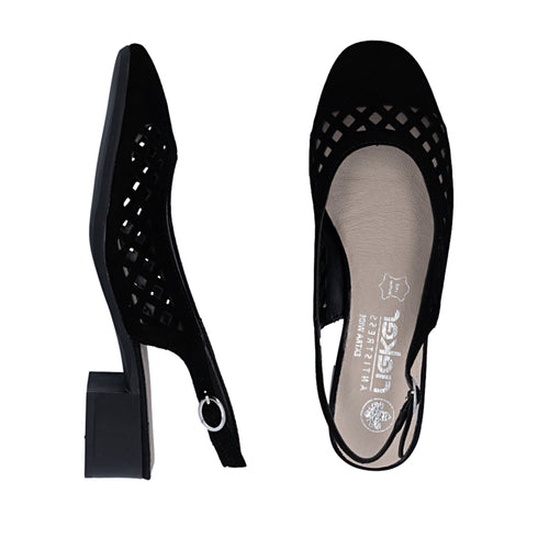 Pantofi casual, dama, RIEKER, ANTISTRESS, 43457-00 negru, piele intoarsa, cu toc