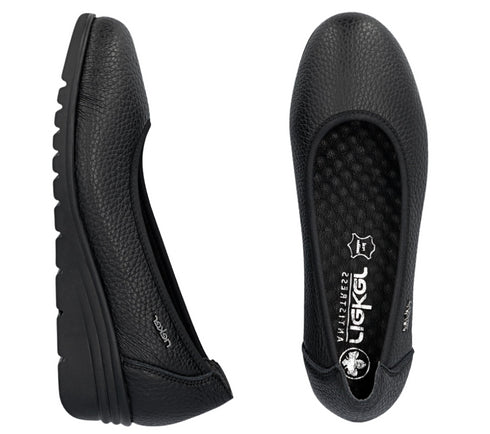 Balerini casual, femei, RIEKER ANTISTRESS, L5360-00 negru, piele naturala