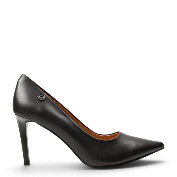ada-shoes.ro Epica black leather stiletto pumps with a pointed toe and metallic logo detail on the heel