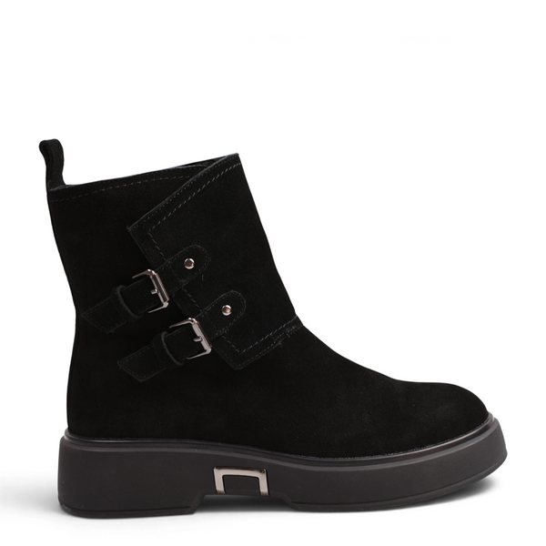 ada-shoes.ro Karisma black suede ankle boots with silver buckles and thick platform sole