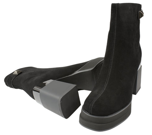 Ghete casual, dama, EPICA, W150048B negru, piele intoarsa, cu toc