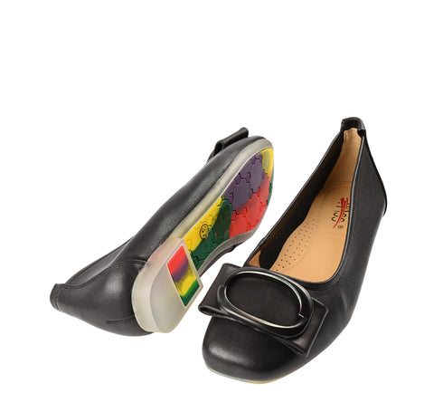 Balerini casual, dama, PASS COLLECTION, M480011A negru, piele naturala, toc