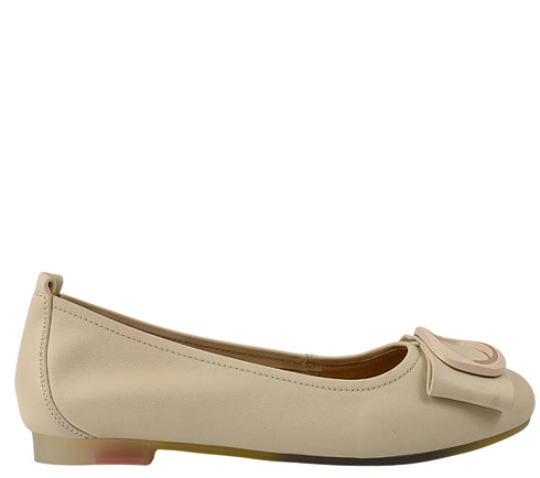 Balerini casual, dama, PASS COLLECTION, M480011B crem, piele naturala, toc