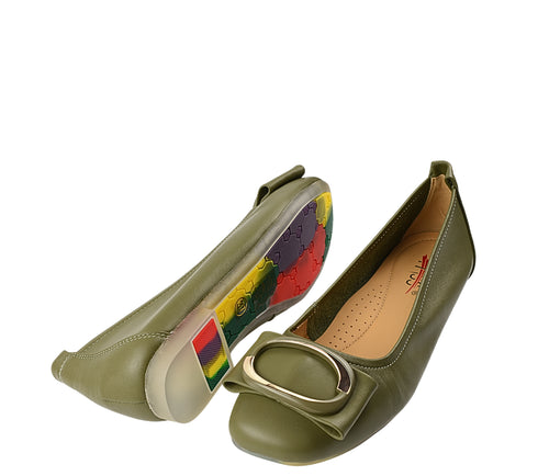 Balerini casual, dama, PASS COLLECTION, M480011C verde, piele naturala, toc