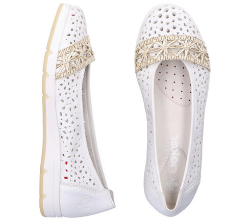 Balerini casual, femei, RIEKER ANTISTRESS, L3062-80 alb, piele ecologica