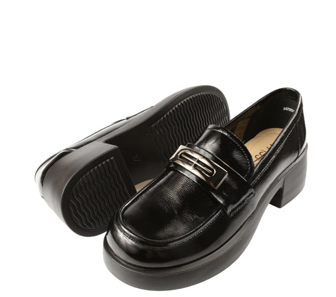 Pantofi casual, dama, PASS COLLECTION X470009A, negru, piele lacuita, cu toc