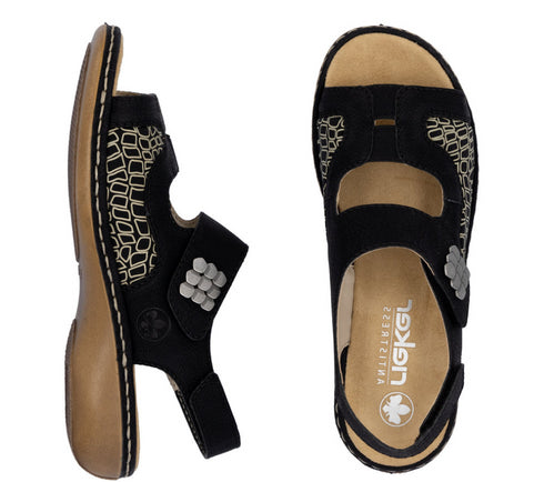 Sandale casual, dama, RIEKER ANTISTRESS, 65989-01 negru, piele ecologica