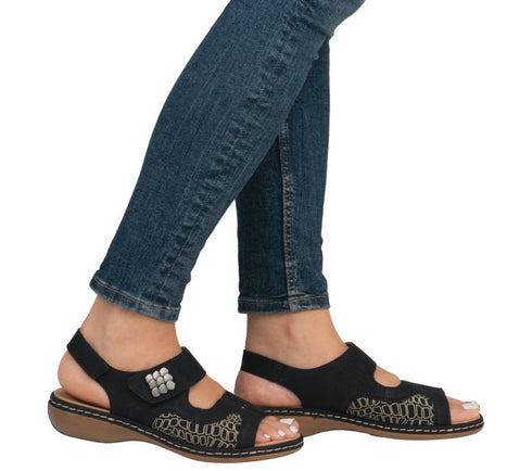 Sandale casual, dama, RIEKER ANTISTRESS, 65989-01 negru, piele ecologica