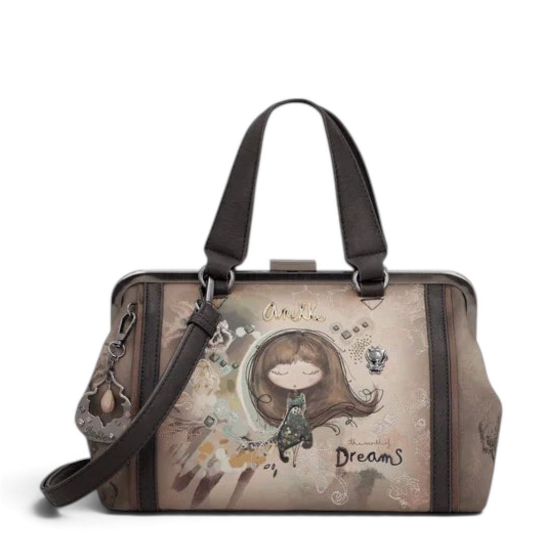 ada-shoes.ro Anekke Dreamverse handbag in taupe and brown with vintage kiss lock closure and iconic illustration