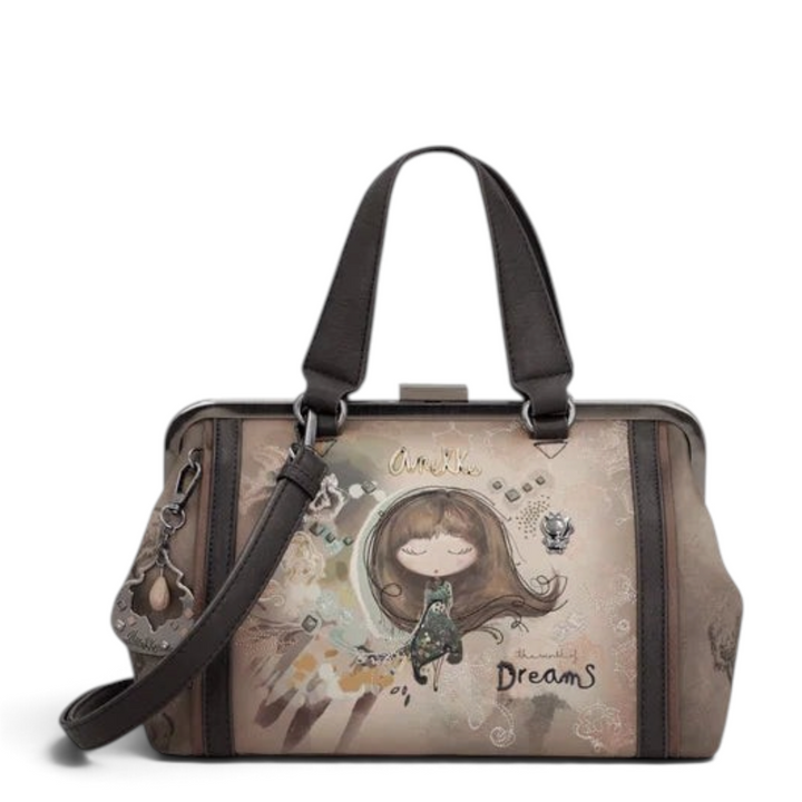 ada-shoes.ro Anekke Dreamverse handbag in taupe and brown with vintage kiss lock closure and iconic illustration