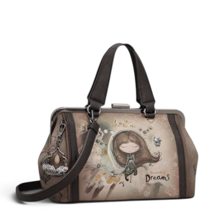 ada-shoes.ro Anekke Dreamverse handbag in taupe and brown with vintage kiss lock frame and iconic illustration
