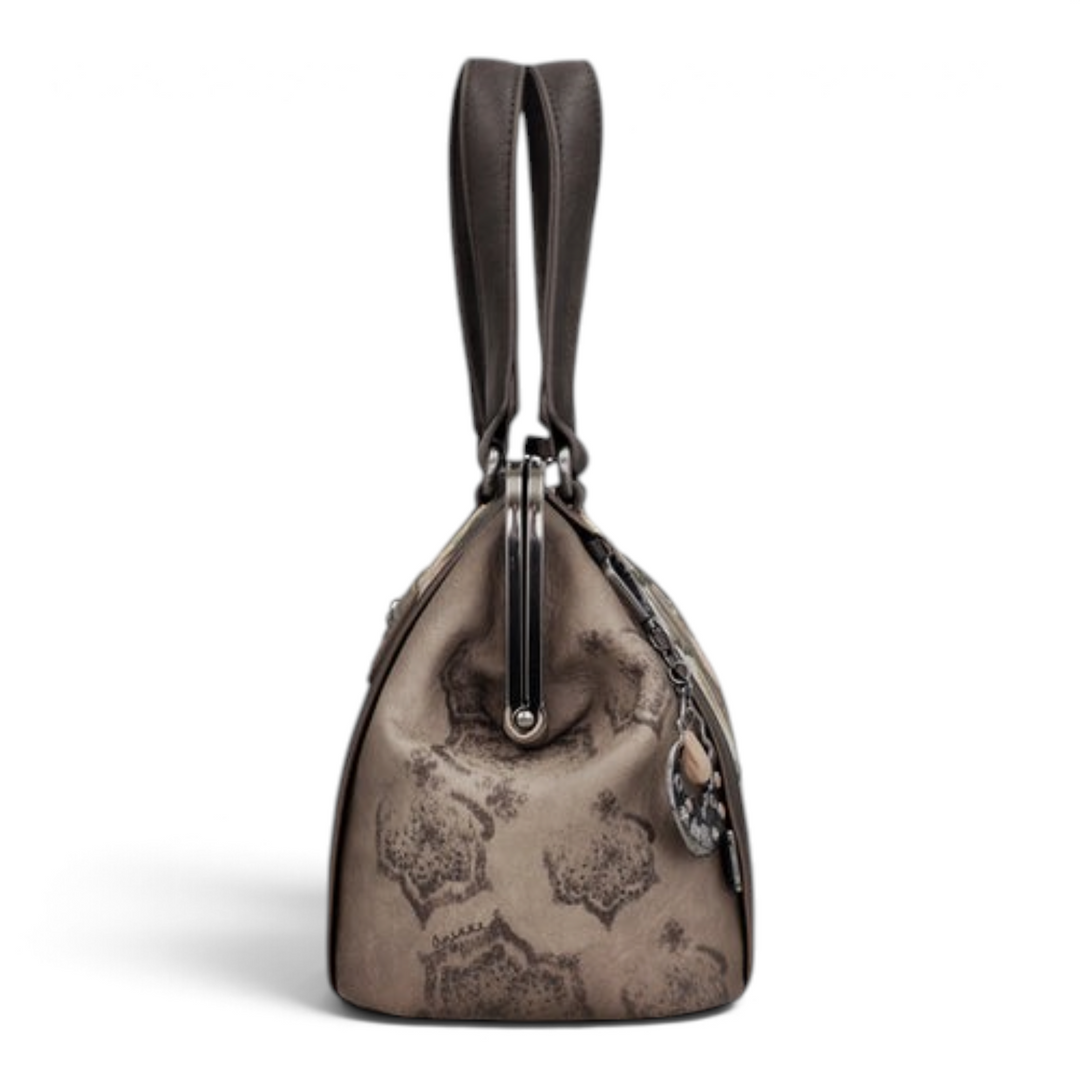 ada-shoes.ro Anekke vintage-style handbag in taupe and brown with a rigid kiss lock frame and side view