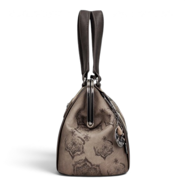 ada-shoes.ro Anekke vintage-style handbag in taupe and brown with a rigid kiss lock frame and side view