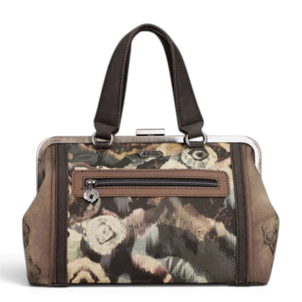 ada-shoes.ro Anekke vintage-style handbag in taupe and brown with kiss lock closure and floral print design