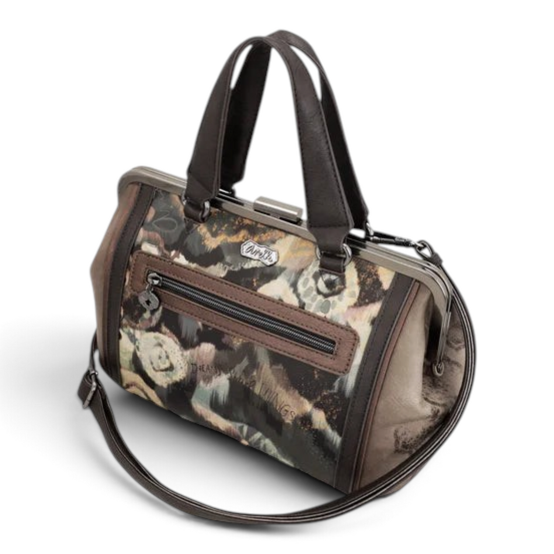 ada-shoes.ro Anekke Dreamverse vintage-style handbag in taupe and brown with a kiss lock frame and shoulder strap