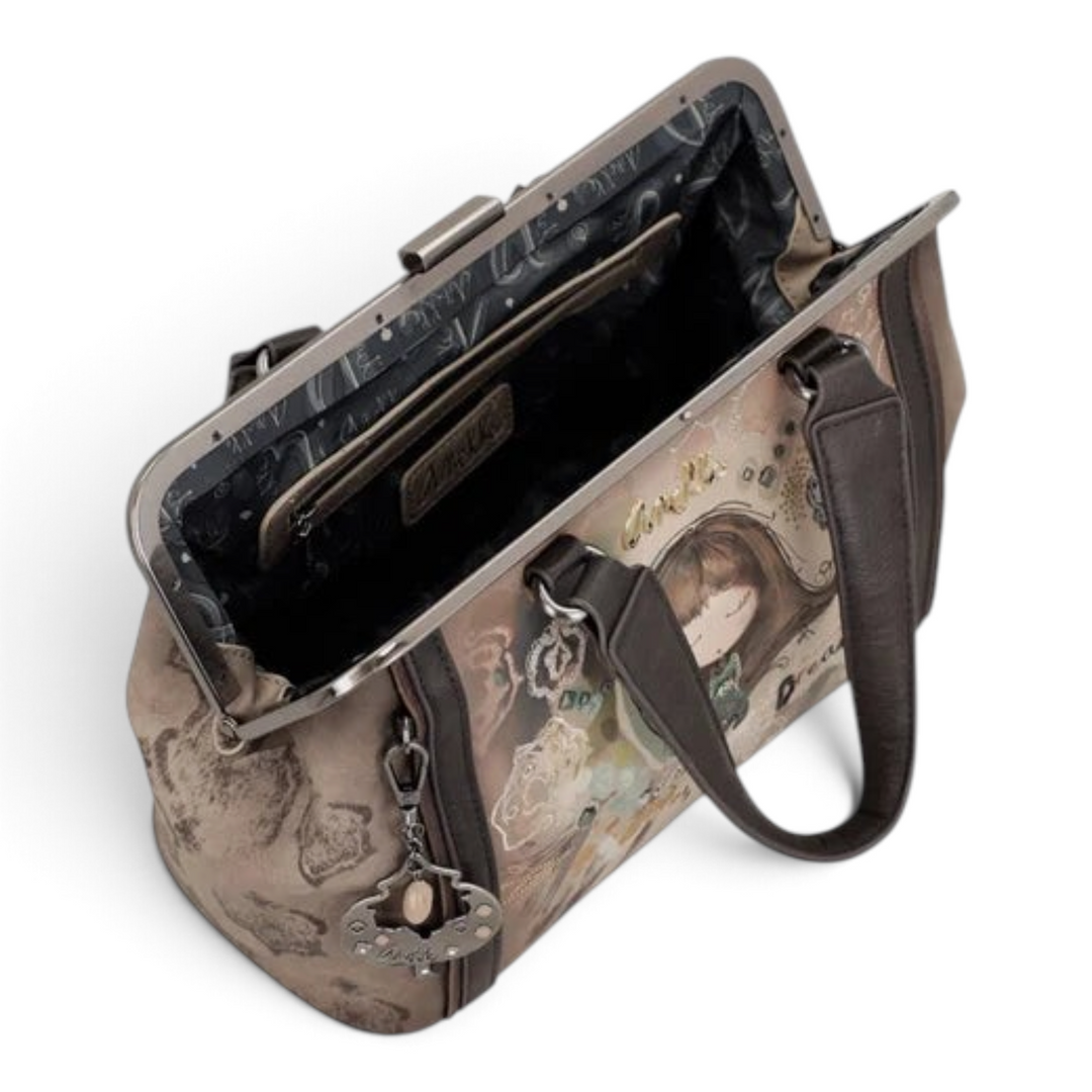 ada-shoes.ro Anekke Dreamverse handbag with kiss lock closure, featuring vintage-style illustration and brown tones.