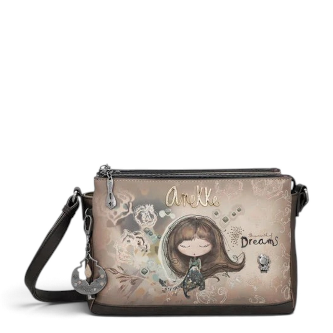 ada-shoes.ro Anekke Dreamverse crossbody bag in taupe and brown faux leather with iconic illustration and metal charm
