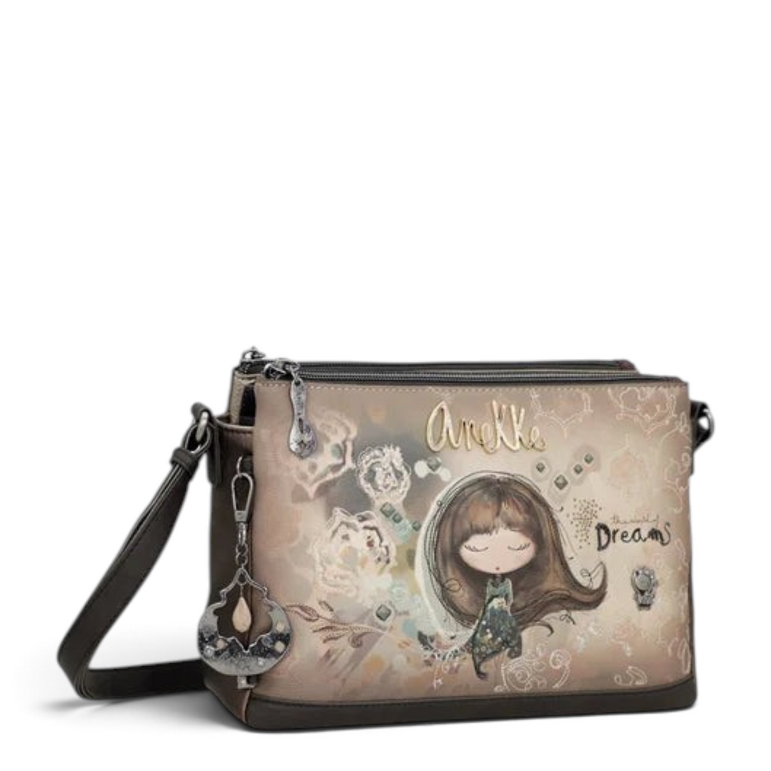 ada-shoes.ro Anekke crossbody bag in beige and brown faux leather with Dreamverse illustration and metal charm