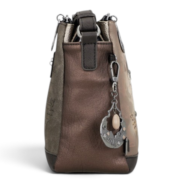 ada-shoes.ro Anekke crossbody bag in taupe and brown faux leather with a decorative metal charm and side view