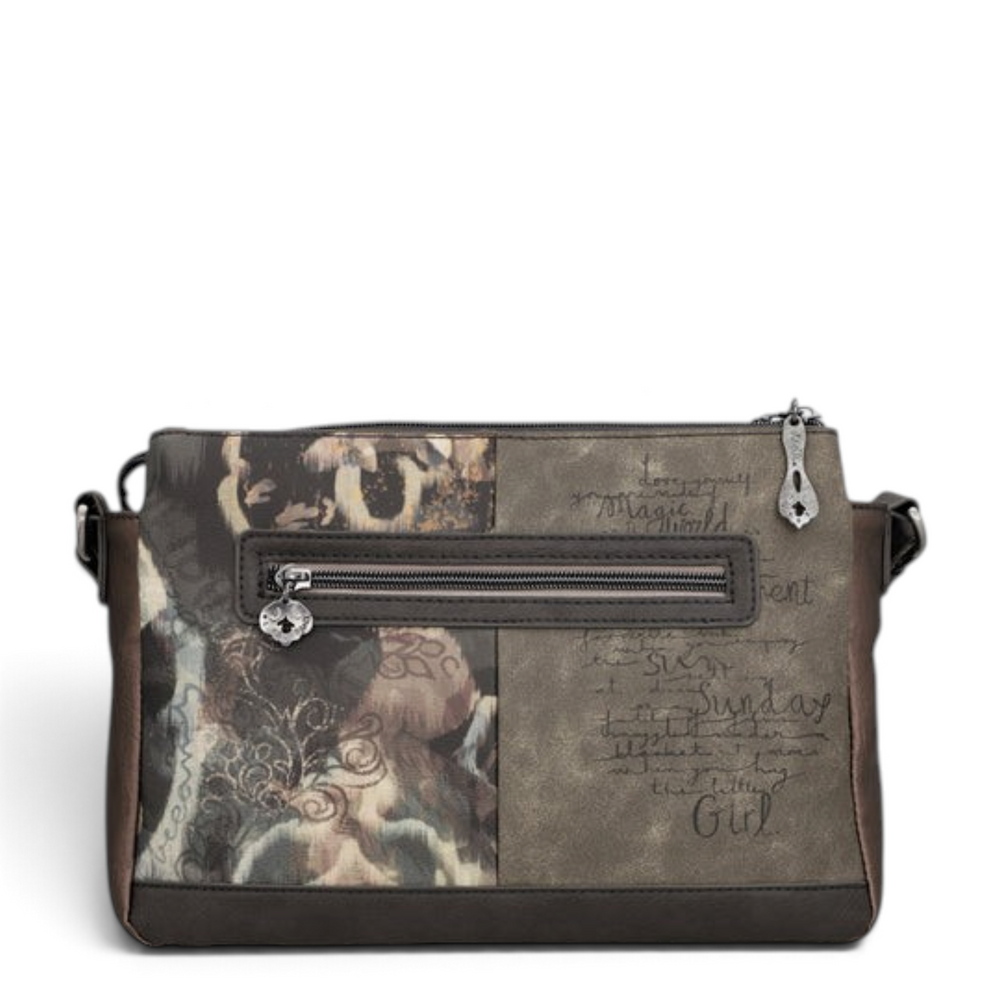 ada-shoes.ro Anekke crossbody bag in taupe and brown faux leather with Dreamverse print and metal zipper details