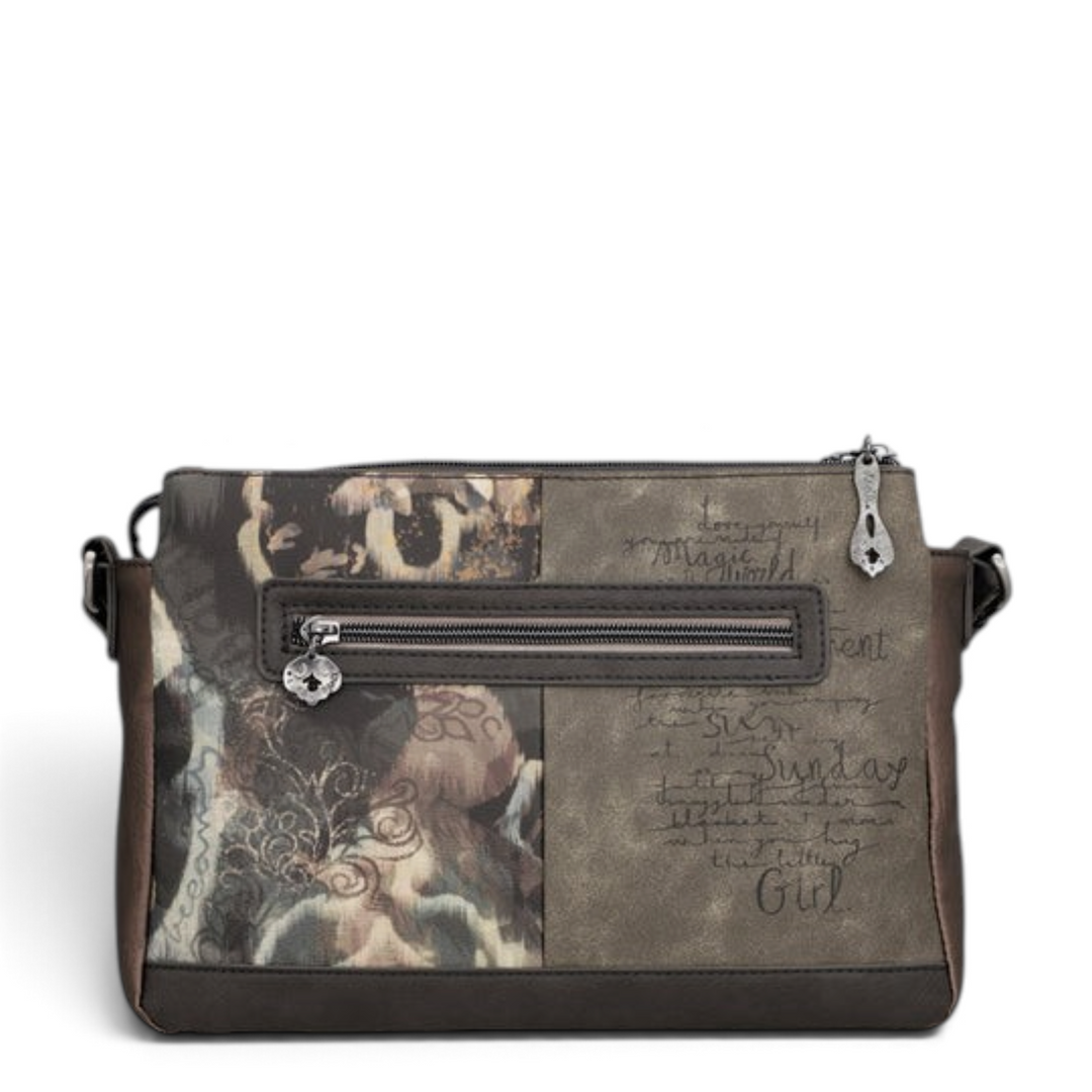 ada-shoes.ro Anekke crossbody bag in taupe and brown faux leather with Dreamverse print and metal zipper details