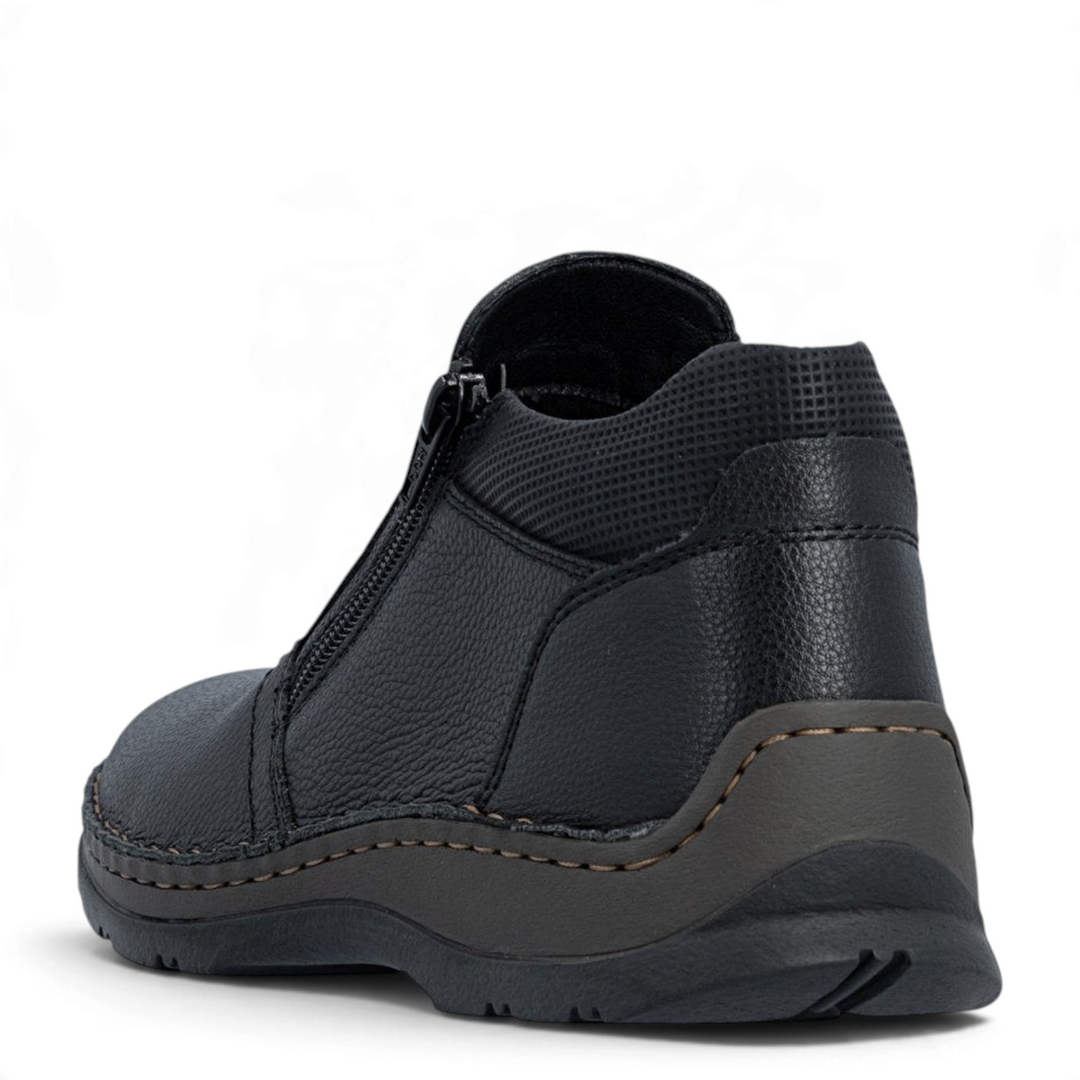 ada-shoes.ro Rieker black casual ankle boots with side zippers and textured faux leather finish, rear view