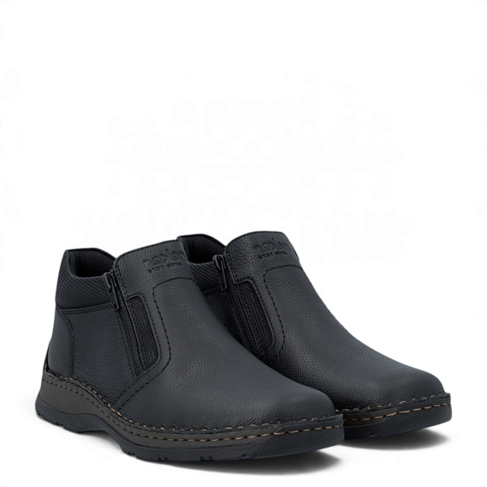 ada-shoes.ro Rieker black casual men's ankle boots with dual side zippers and textured faux leather finish