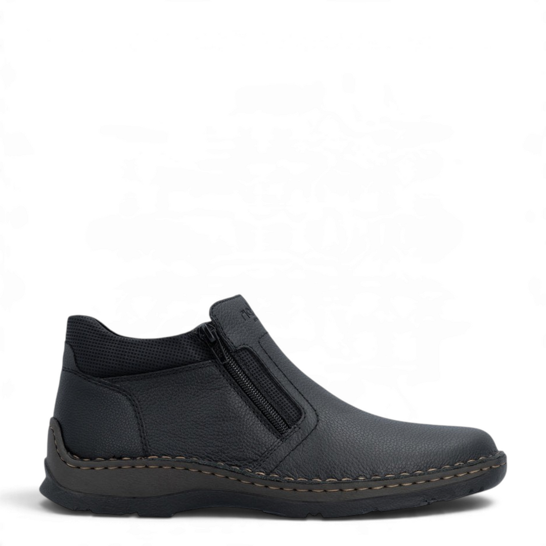 ada-shoes.ro Rieker black casual ankle boots with dual side zippers, textured synthetic leather, and flexible sole.
