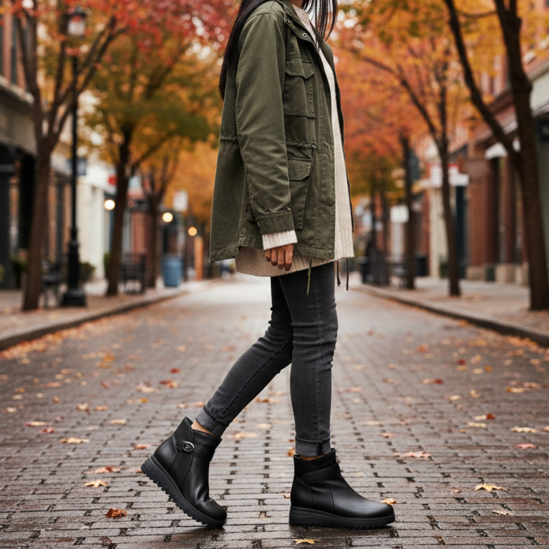 ada-shoes.ro Anna Viotti black leather ankle boots with decorative buckle, worn by a woman in a casual outfit