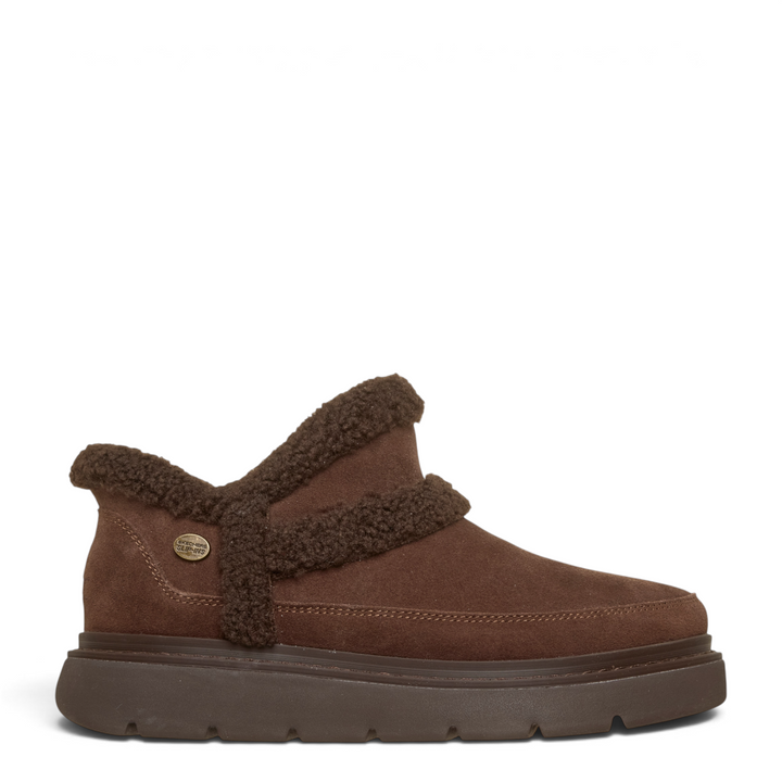 ada-shoes.ro Skechers Keepsakes Lite chocolate brown suede ankle boots with faux fur trim and slip-in design