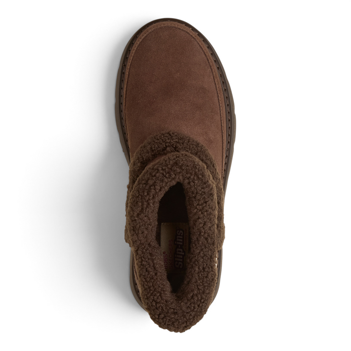ada-shoes.ro Skechers Keepsakes Lite brown suede ankle boot with plush faux fur lining and slip-in design