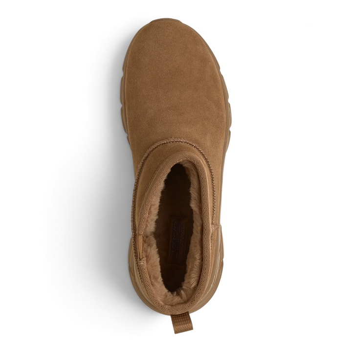 ada-shoes.ro Skechers Bobs B Flex Hi brown suede ankle boot with plush faux fur lining, top-down view