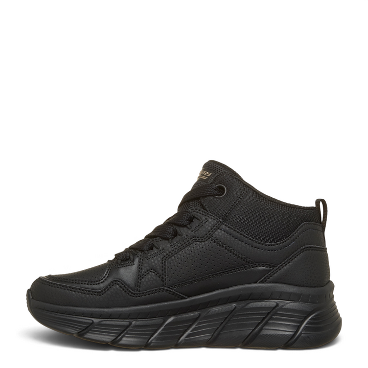 ada-shoes.ro Skechers mid-top black sport boots with textured durabuck, memory foam, and Glide-Step sole.