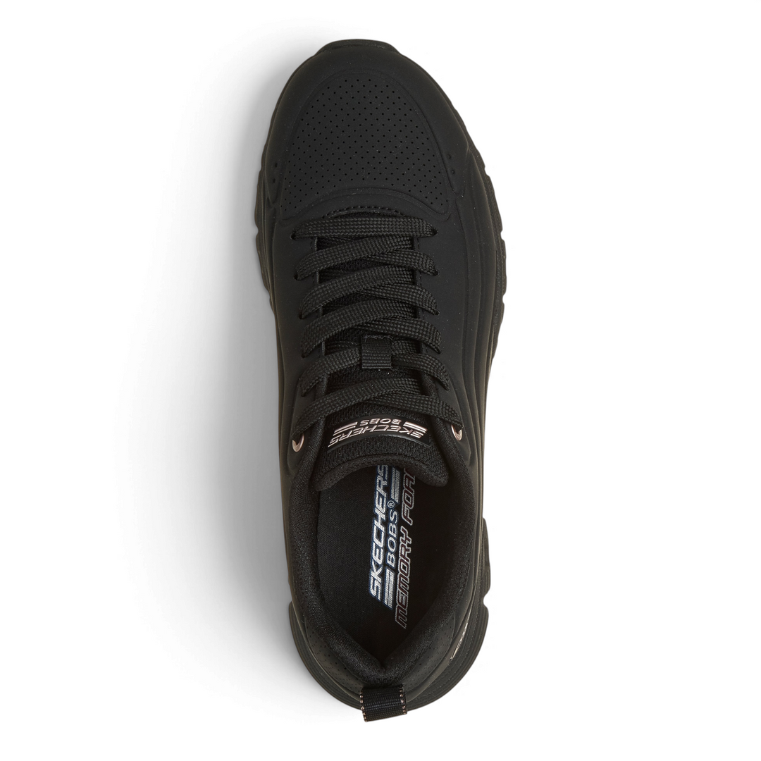 Top view of black Skechers BOBS Sport Squad Chaos sneakers with Memory Foam insoles and synthetic durabuck leather.
