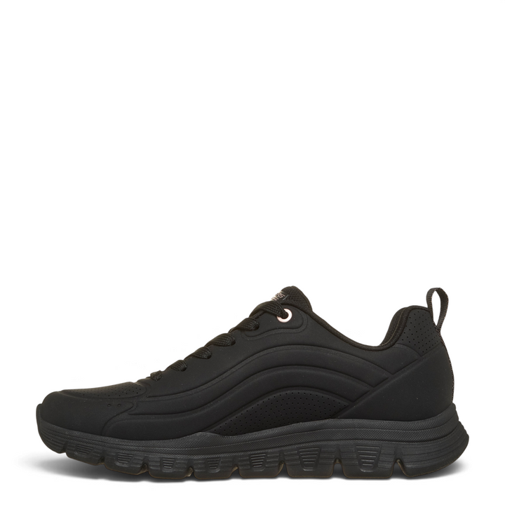 ada-shoes.ro Skechers black synthetic leather sneakers with Memory Foam cushioning and rose gold eyelet detail.