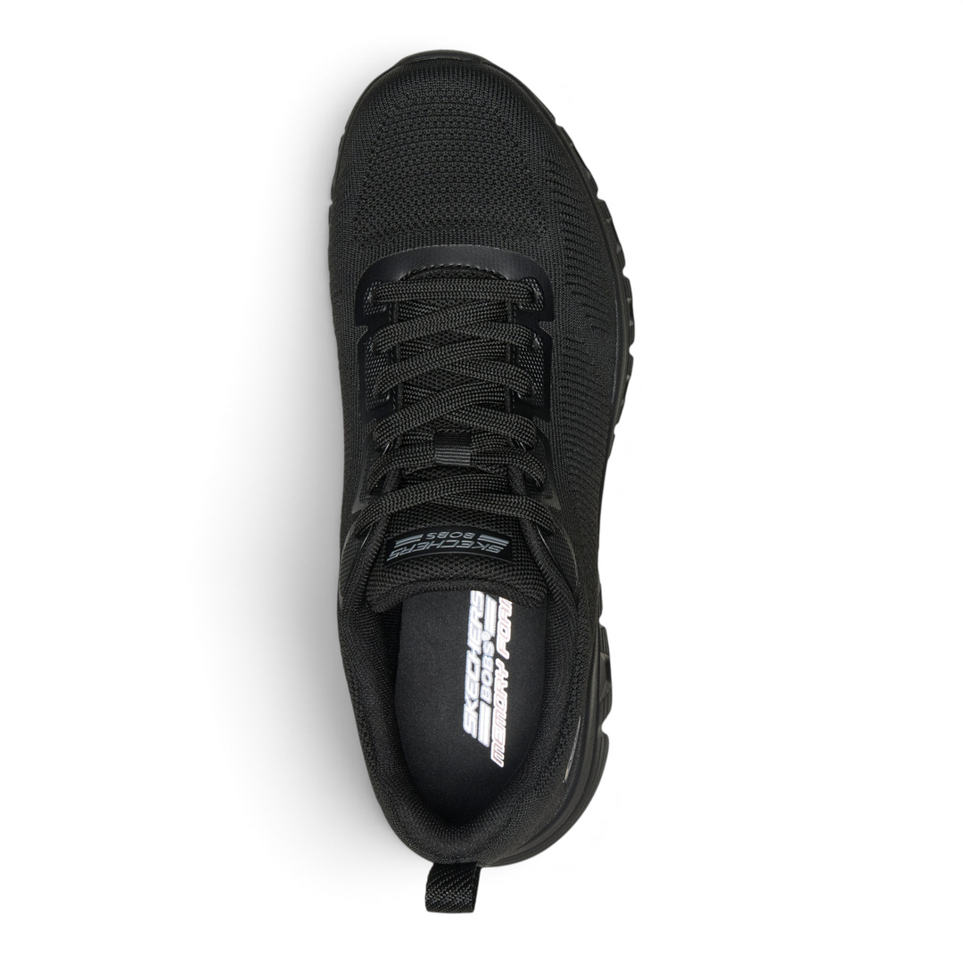 Top view of Skechers Bobs B Lite black sneakers with breathable mesh upper and memory foam insole from ada-shoes.ro