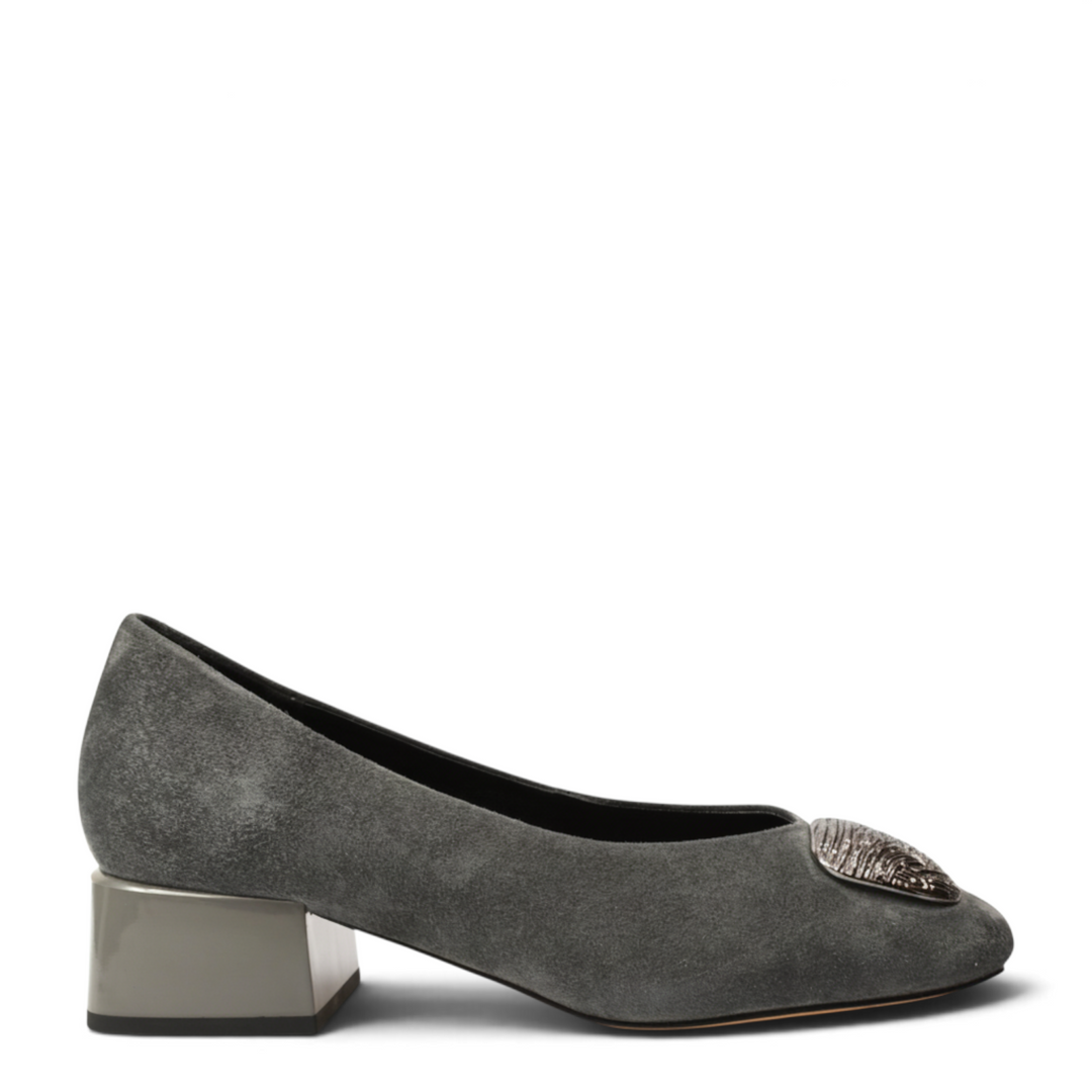 ada-shoes.ro Epica grey suede elegant pumps with a metallic block heel and decorative front embellishment