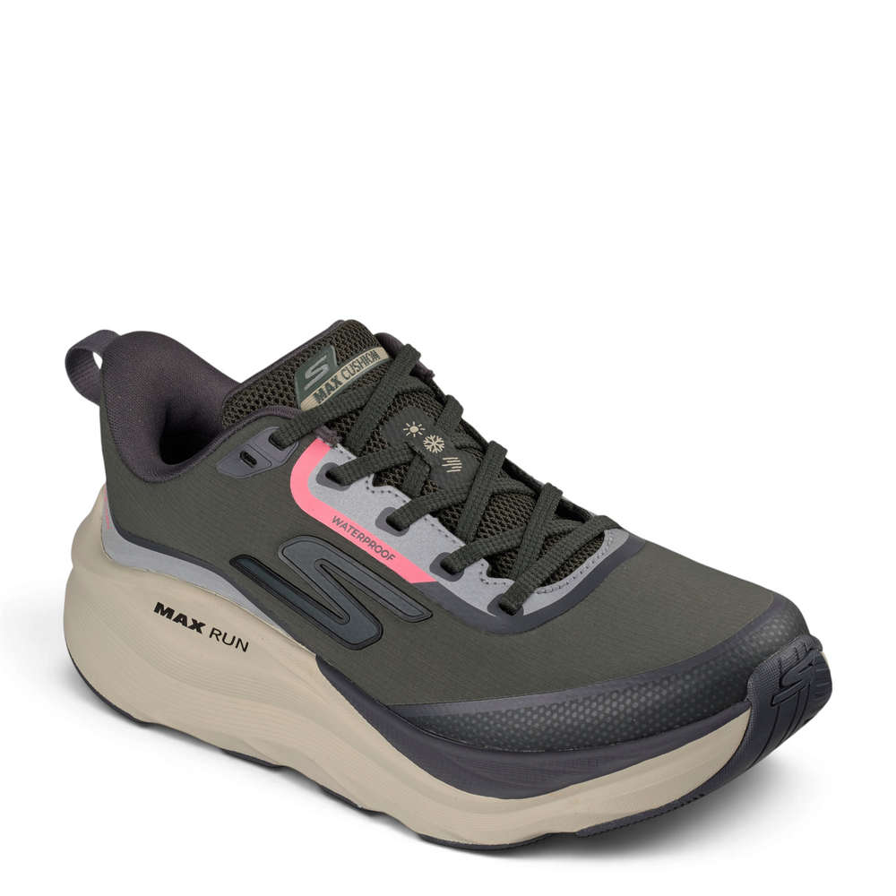 ada-shoes.ro Skechers GO RUN Max Cushioning Premier 2.0 waterproof running shoes in olive green with neon pink accents.