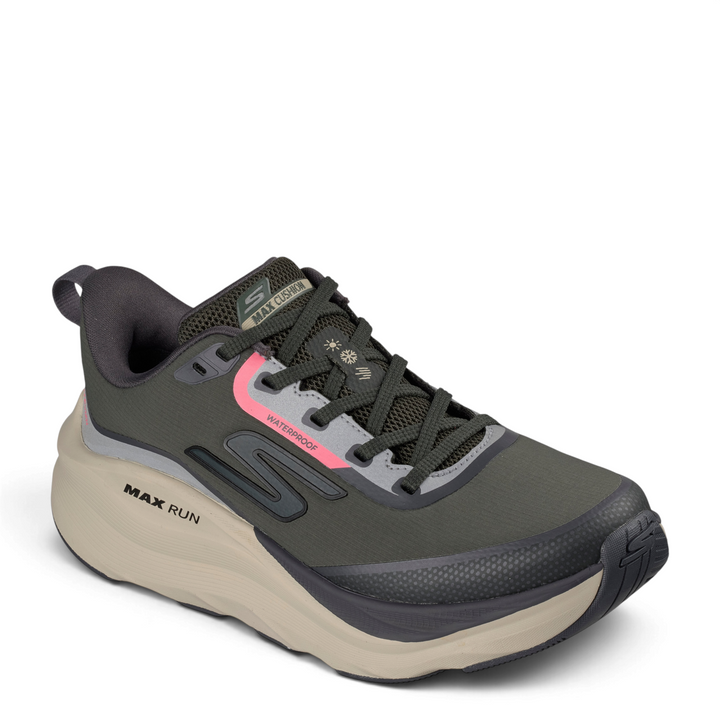 ada-shoes.ro Skechers GO RUN Max Cushioning Premier 2.0 waterproof running shoes in olive green with neon pink accents.
