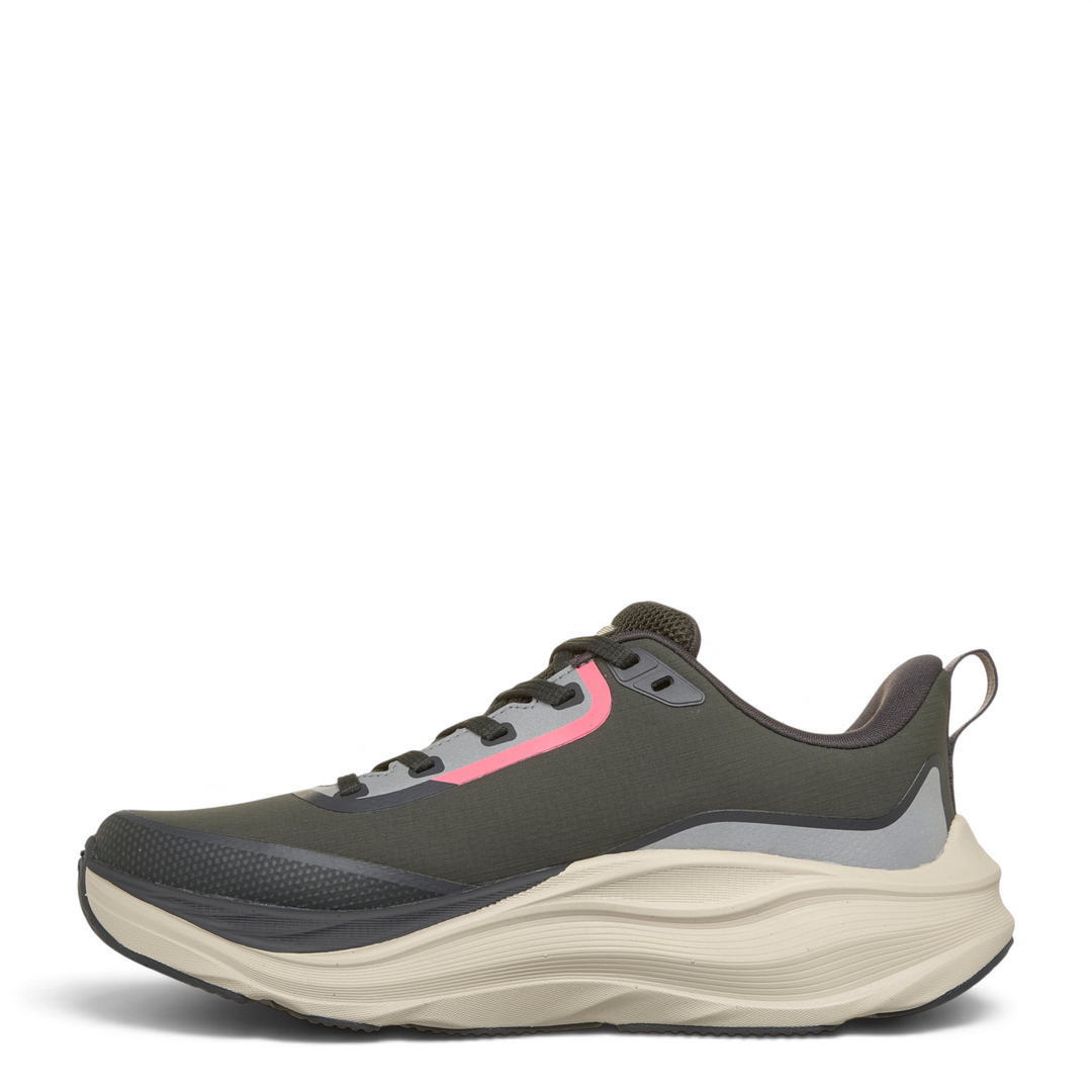 ada-shoes.ro Skechers waterproof running shoes in olive green with neon pink accents and a thick cushioned sole