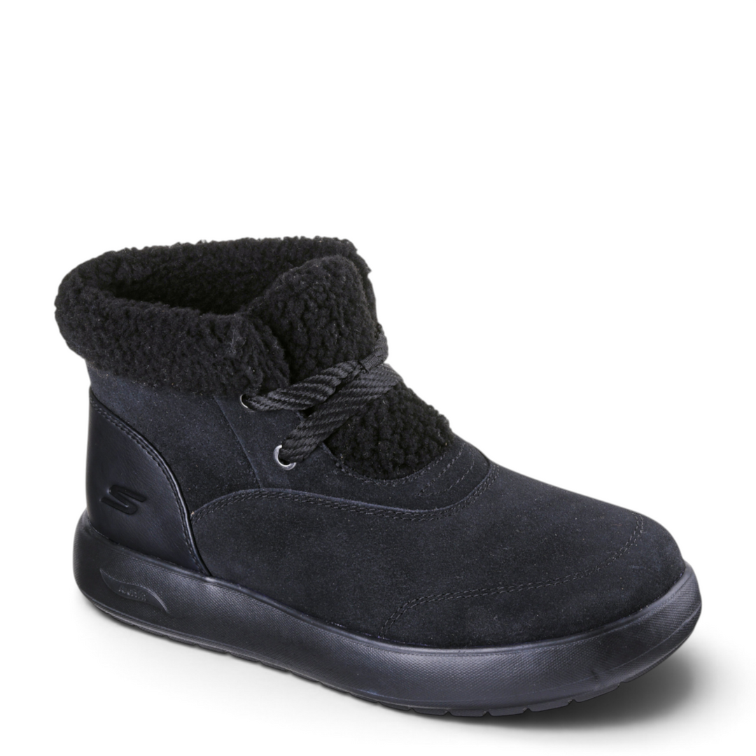 ada-shoes.ro Skechers Go Walk Horizon black suede ankle boots with faux fur lining and ArchFit cushioned insoles.
