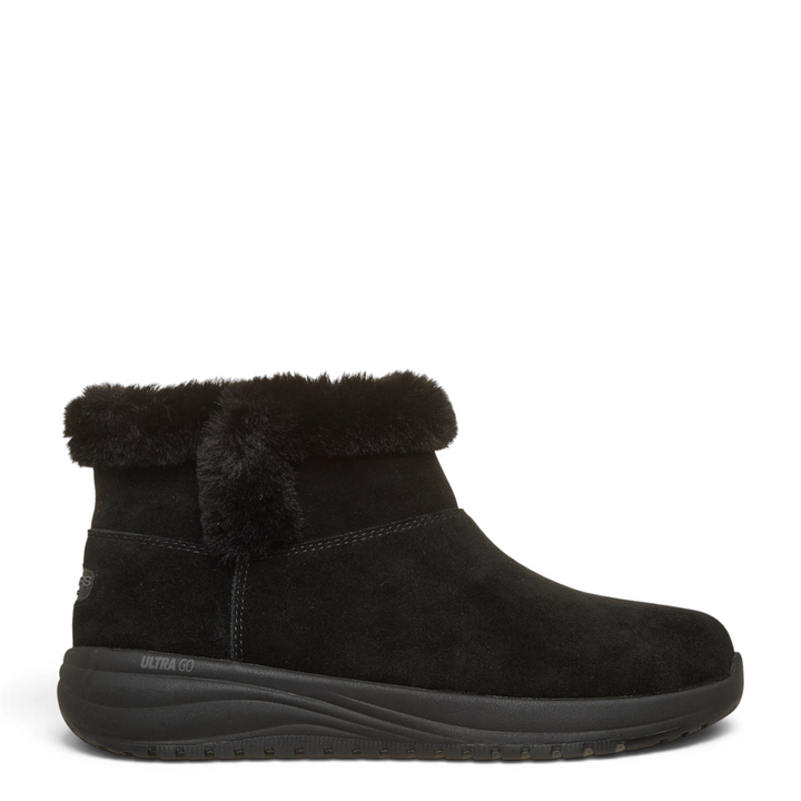 ada-shoes.ro Skechers On-the-GO Joy black suede winter ankle boot with faux fur trim and lightweight sole