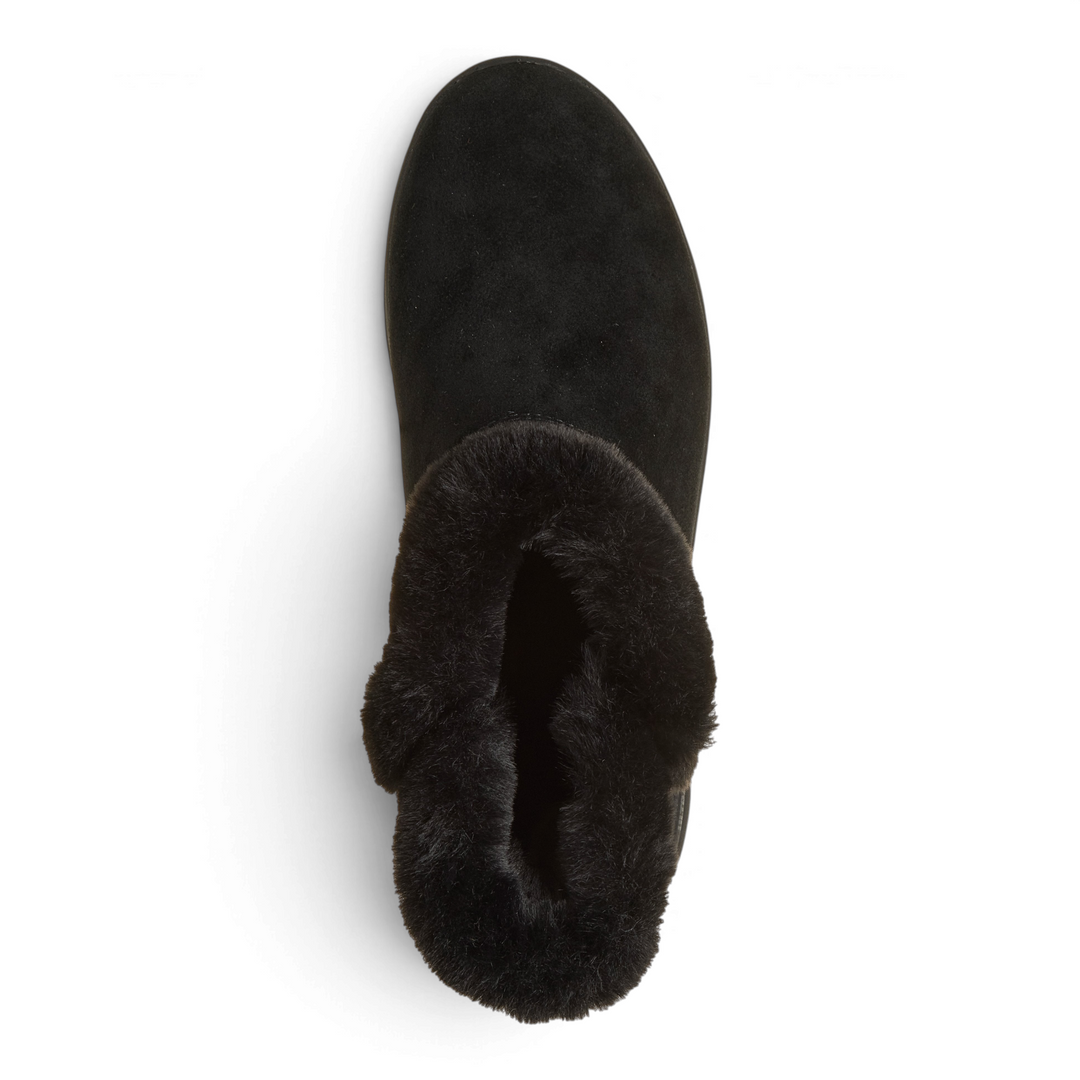 ada-shoes.ro Skechers On-the-GO Joy black suede winter boots with soft faux fur lining, top-down view.