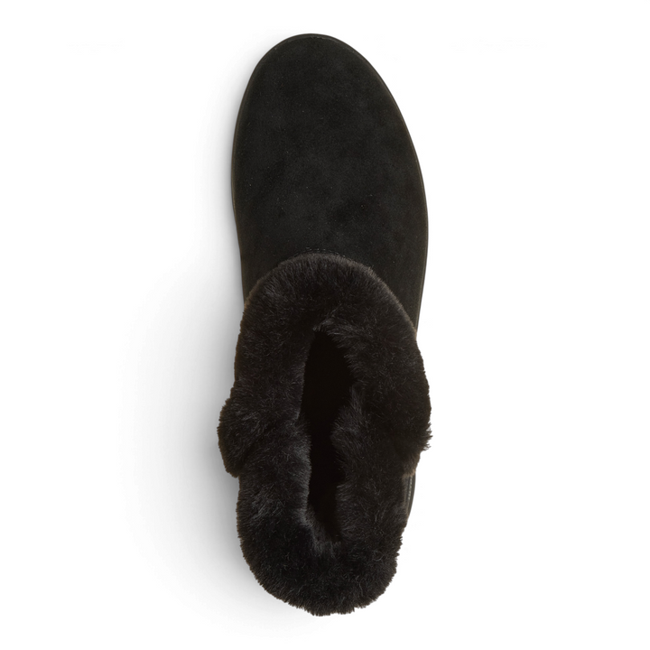ada-shoes.ro Skechers On-the-GO Joy black suede winter boots with soft faux fur lining, top-down view.