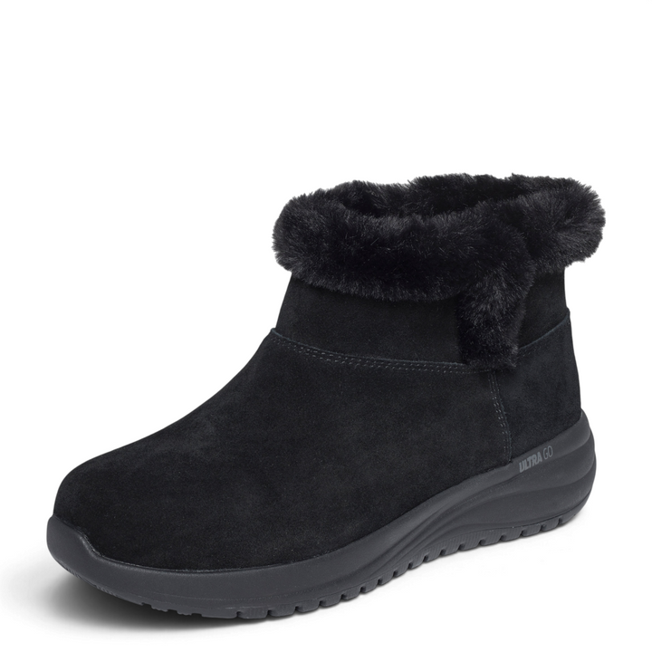 ada-shoes.ro Skechers On-the-GO Joy black suede winter ankle boots with faux fur collar and ULTRA GO cushioning.