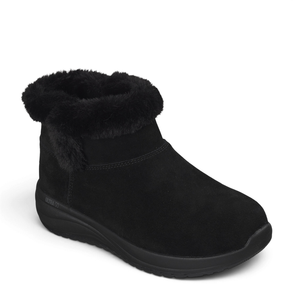 ada-shoes.ro Skechers On-the-GO Joy black suede winter ankle boots with faux fur trim and ULTRA GO cushioning