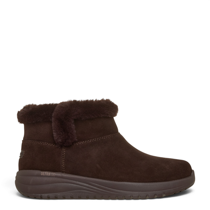 ada-shoes.ro Skechers On-the-GO Joy dark brown suede winter ankle boots with faux fur trim and ULTRA GO cushioning