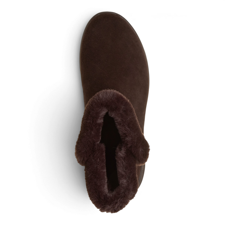ada-shoes.ro Skechers On-the-GO Joy dark brown suede winter ankle boot with soft faux fur lining, top-down view